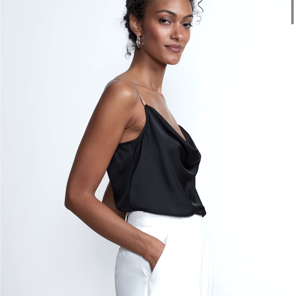 NWT House of Harlow Black Satin Cowl Camisole With Rhinestone Straps